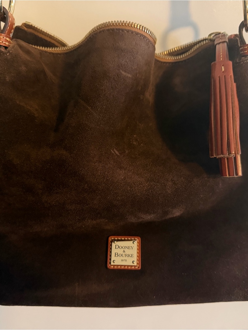 Dooney & Bourke Dark Brown Suede Shoulder Bag with Tassel - Picture 2 of 3